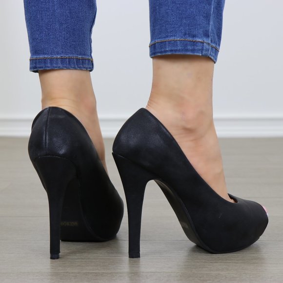 Sexy Black Metallic Peep Toe Platform High Heels - Picture 8 of 10